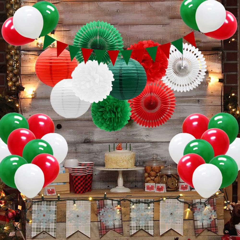 Meiduo Red Green White Christmas Fiesta Brands Mexican Italian Party Decorations Paper Fans Lanterns Flower Pom Poms Felt Pennant Balloons for Graduations St. Patrick's Day Birthday Baby Shower: Health & Personal Care