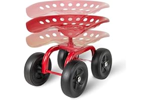 CHEFJOY Rolling Garden Seat, Garden Cart with 360° Swivel Work Seat & Adjustable Height, Heavy Duty Garden Seat with Wheels for Lawn Yard Patio Greenhouse Planting Cleaning (Red)