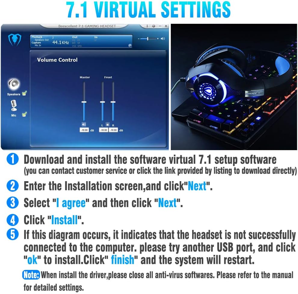 Beexcellent USB Gaming Headset for PC, 7.1 Surround Sound Computer Gaming Headphones, PC Headset with Noise Canceling Mic Volume Control LED Light for PC Mac Laptop: Computers & Accessories