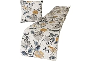 The HomeCentric King/Queen/Twin Blue & Ivory Decorative Queen 74"x18" Bed Runner with Pillow Cover, Bird, Pearl & Quilted Bed Scarf on Linen Fabric - Vintage Birdena