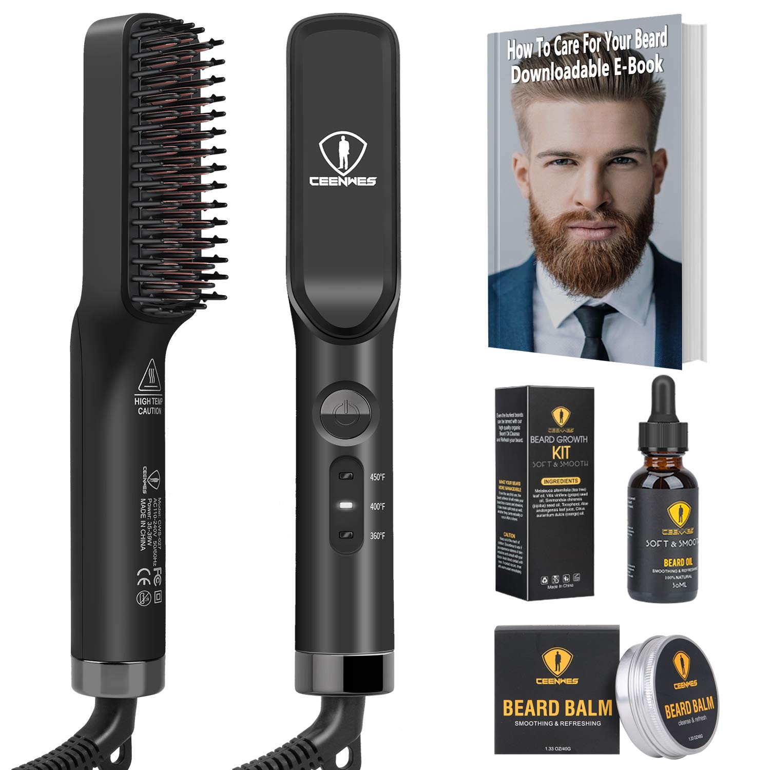 Ceenwes 3 in 1 Professional Beard Straightener with Beard Oil & Balm, Portable Hair Straightener Brush for Men & Women