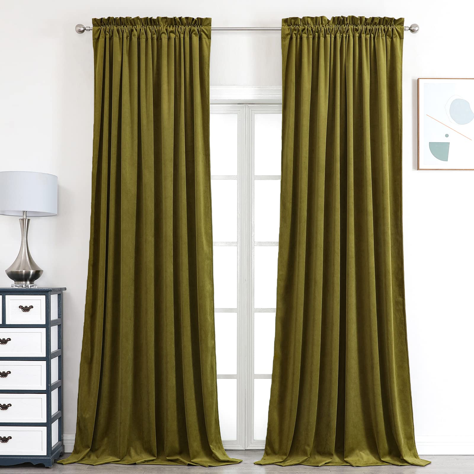 Benedeco Olive Green Velvet Curtains for Bedroom Window, Super Soft Luxury Drapes, Room Darkening Thermal Insulated Rod Pocket Curtain for Living Room, W52 by L120 inches, 2 Panels Image