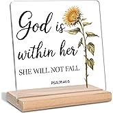 Christian Gifts for Women, God is Within Her She Will Not Fall Quotes Bible Verse Acrylic Plaque Sign, Inspirational Bible Gifts for Friends, Family Coworkers, Office Home Desk Decor Sign(Sunflower)