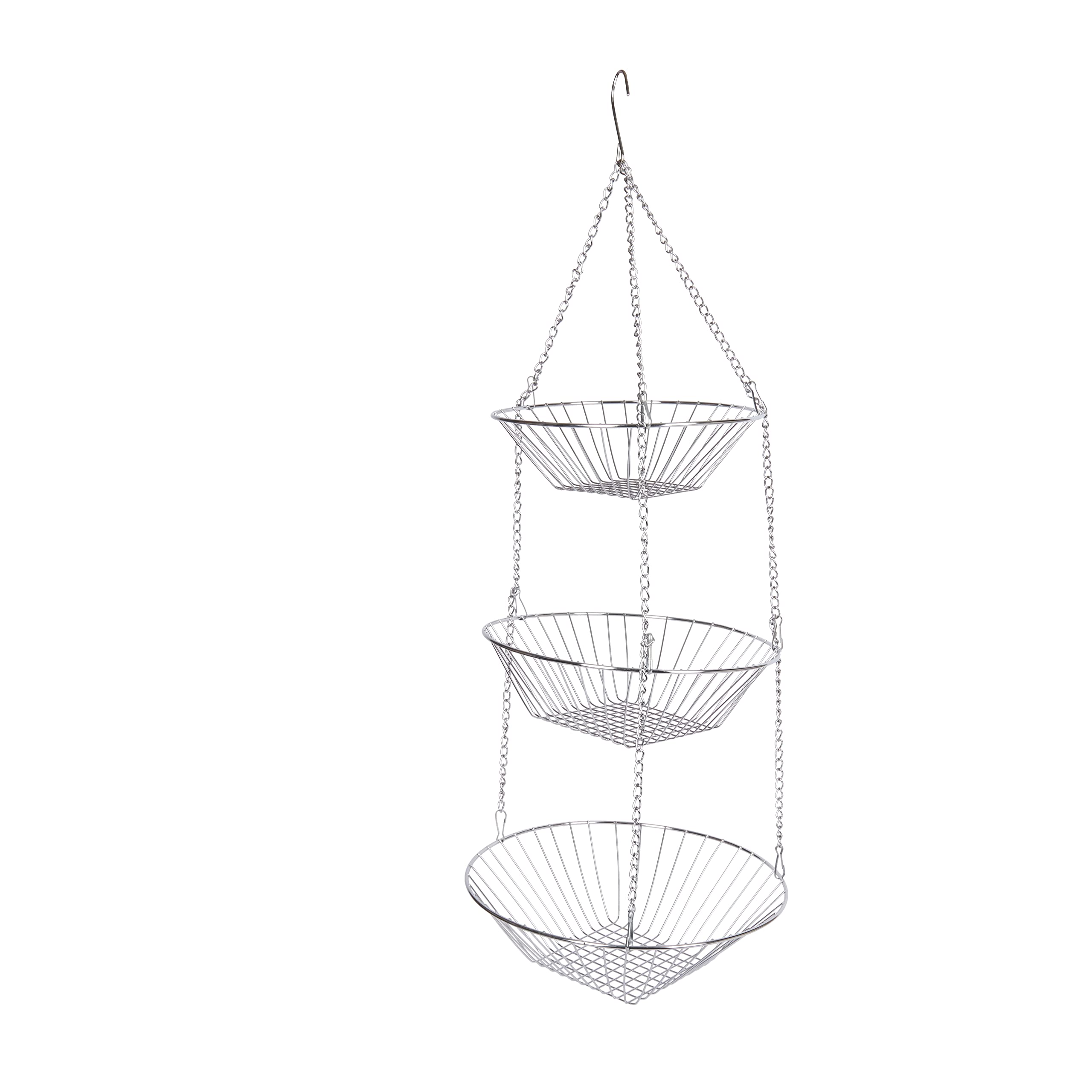 KitchenCraft Hanging Vegetable Rack, Metal, Set of 3 Kitchen Storage Baskets with Chain and Hook, Silver, 8cm x 25cm