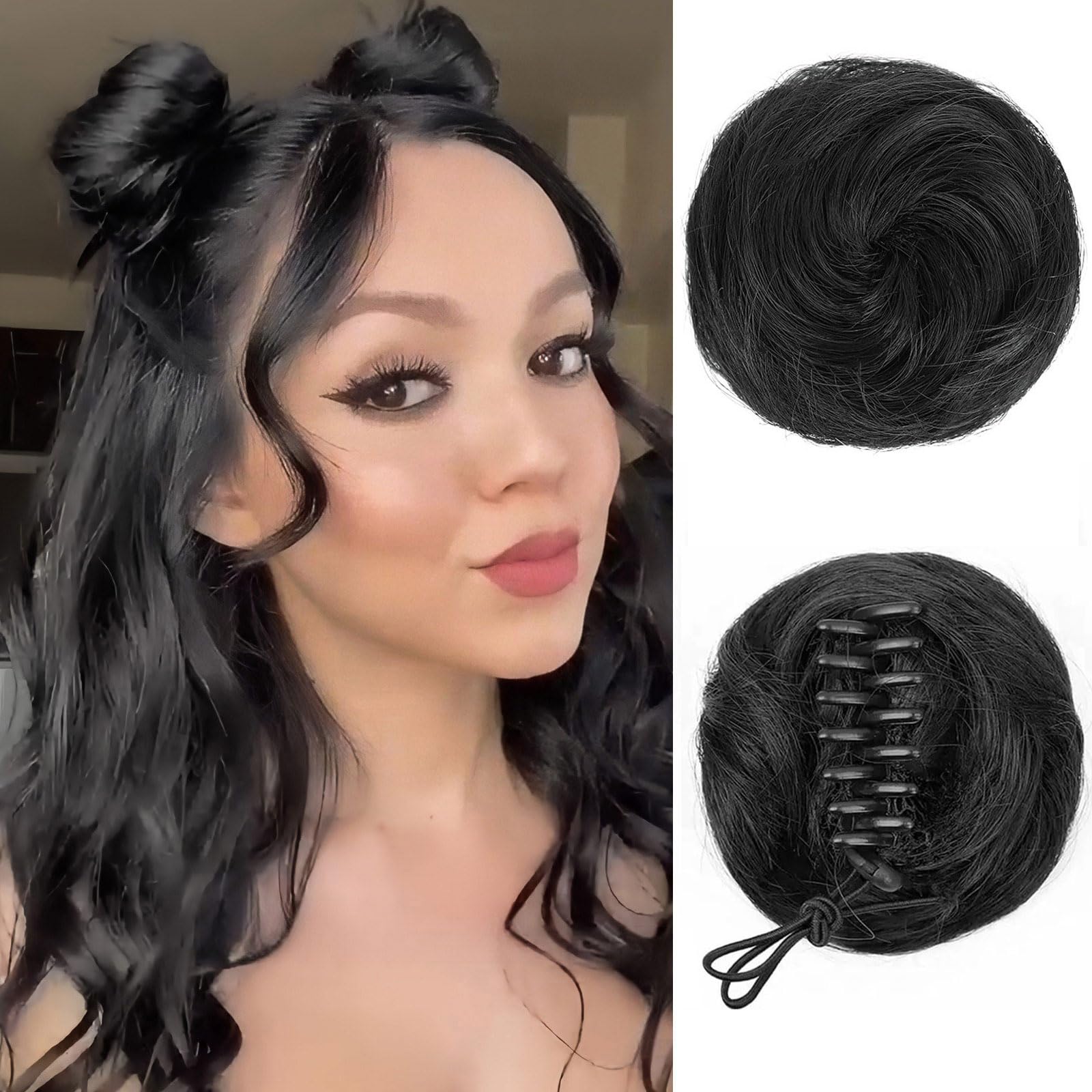 Photo 1 of BOGSEA Space Buns Hair Pieces,2PCS Mini Claw Clip in Hair Bun Princess Leia Buns Hair Extension Updo Hairpieces for Women Girls (Natural Black)
