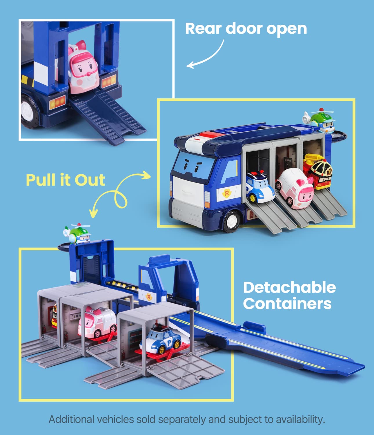 Robocar Poli Toys, Mobile Headquarters, 3-in-1 Transforming Police HQ Trailer Truck Toy with Vehicle Launchers & 1 Poli Die-Cast Car, Kids Toys for Ages 3 and up