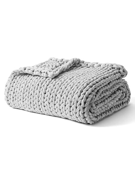 YNM COOLING WEIGHTED BLANKET, 100% COTTON HANDMADE CHUNKY KNITTED BLANKET, WEIGHTED LAP, BREATHABLE HEAVY BLANKETS, MACHINE WASHABLE THROW FOR SLEEP OR HOME DECOR (LIGHT GREY, 40X50 INCH, 7LBS)