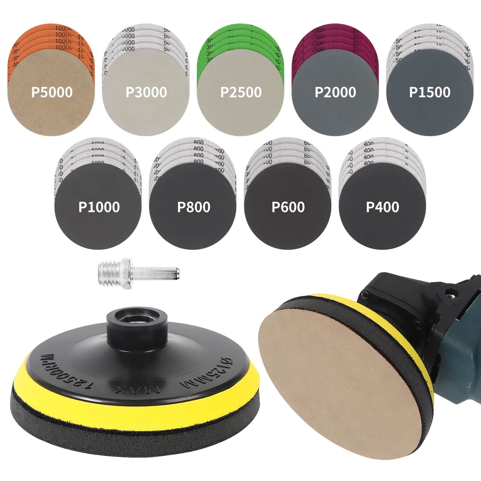 Photo 1 of Pomsare 45PCS 5 Inch Wet Dry Sanding Discs Kit with Hook and Loop Backing Pad 5/8-11 and Foam, Angle Grinder Drill Sanding Attachment, Sander for Drill 400 to 5000 Grits Sandpaper for Wood Metal Car
