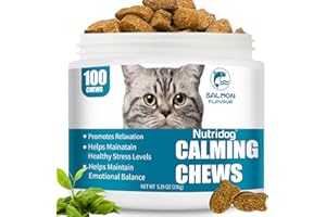 Nutridog Cat Calming Treats - 100 Count Salmon Chews with Organic Chamomile & Ginger, Stress Relief Supplement for Separation Anxiety, Vet Visits & Thunderstorms (Salmon)