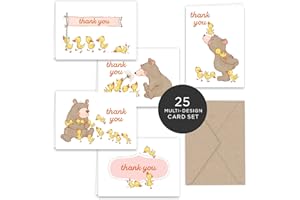 Paper Frenzy Spring Bear and Ducks Thank You Note Card Collection 25 pack with Kraft Envelopes