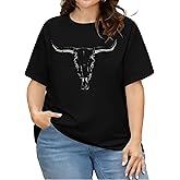 Plus Size Western Shirt for Women Cow Skull Shirt Boho Cowgirl T-Shirt Rodeo Graphic Tee Vintage Country Music Tops