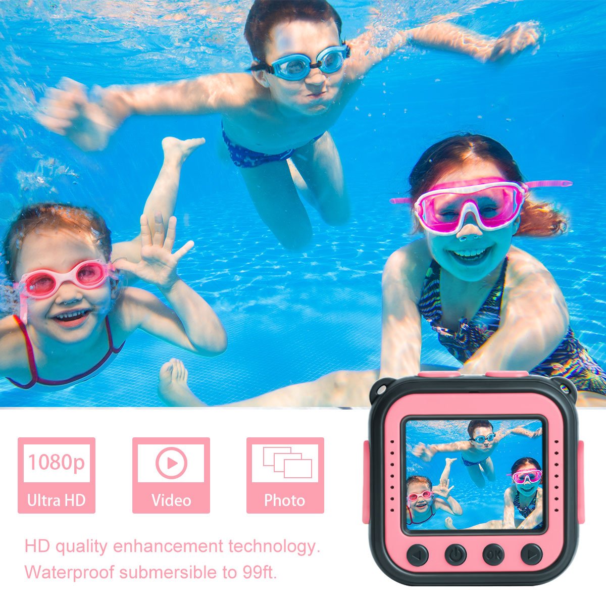 DROGRACE Kids Camera Waterproof HD Action Cam Digital Camera 1080P Underwater Sports Camera Camcorder DV for Girls Boys Birthday Holiday Gift Learn Camera Toy with 1.77 Inch LCD Screen (Pink)
