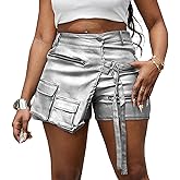 Vakkest Women's Metallic Cargo Shorts Summer PU Leather Irregular Split with Pockets Stretchy Y2K Streetwear Skirt Skorts