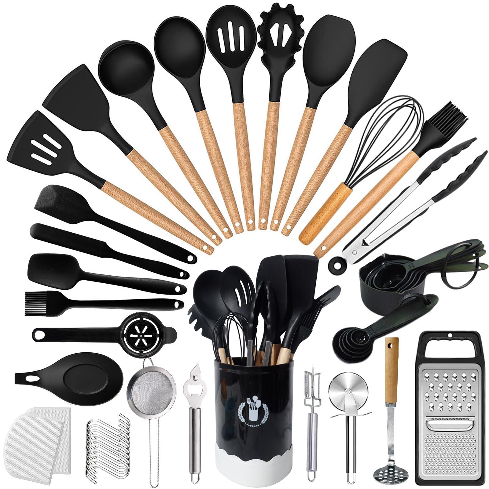 UXIYI Silicone Kitchen Utensils Set, 46pcs Cooking Utensil Set, Silicone Spatula Set with Holder for Cooking Nonstick Heat Resistant Kitchen Gadgets, Black