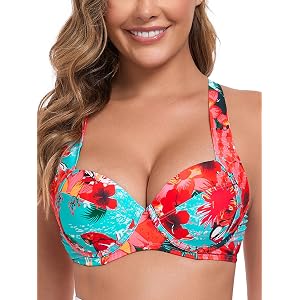 Colloyes Women's 3/4 Molded Cup Push Up Underwire Bikini Top Lace Up Back | Wide Shoulder Straps, Horizontal Stiching on Cup,