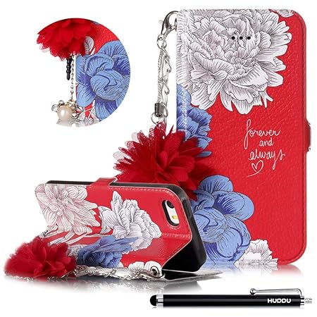 HUDDU Hülle iPhone SE Rot Schutzhülle Kompatibel mit Apple iPhone 5S/5 Handyhülle Slim Flip Leder Tasche Wallet Case Cover Ha