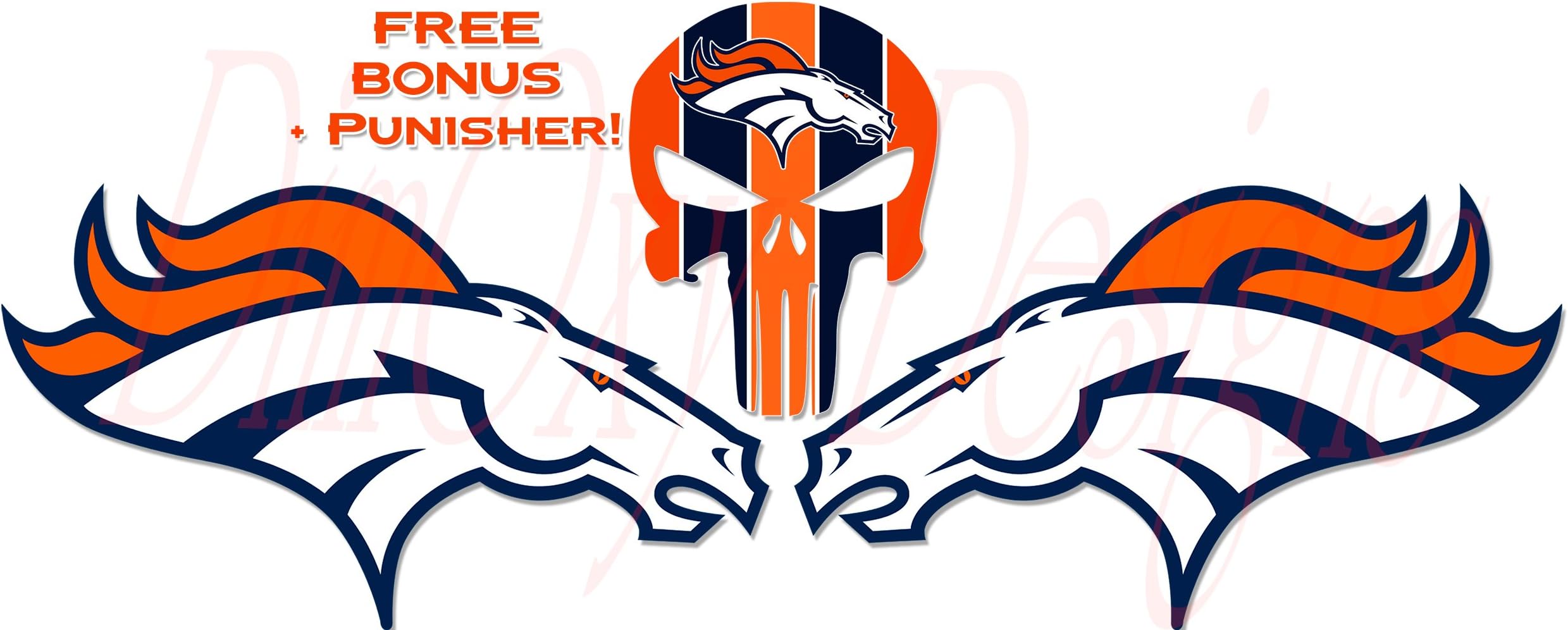 One Stop Nails Broncos Pair of Logos Facing Each Other + Free Bonus Broncos Punisher (Skull) Full Color Vinyl Decals/Stickers. (SB1)