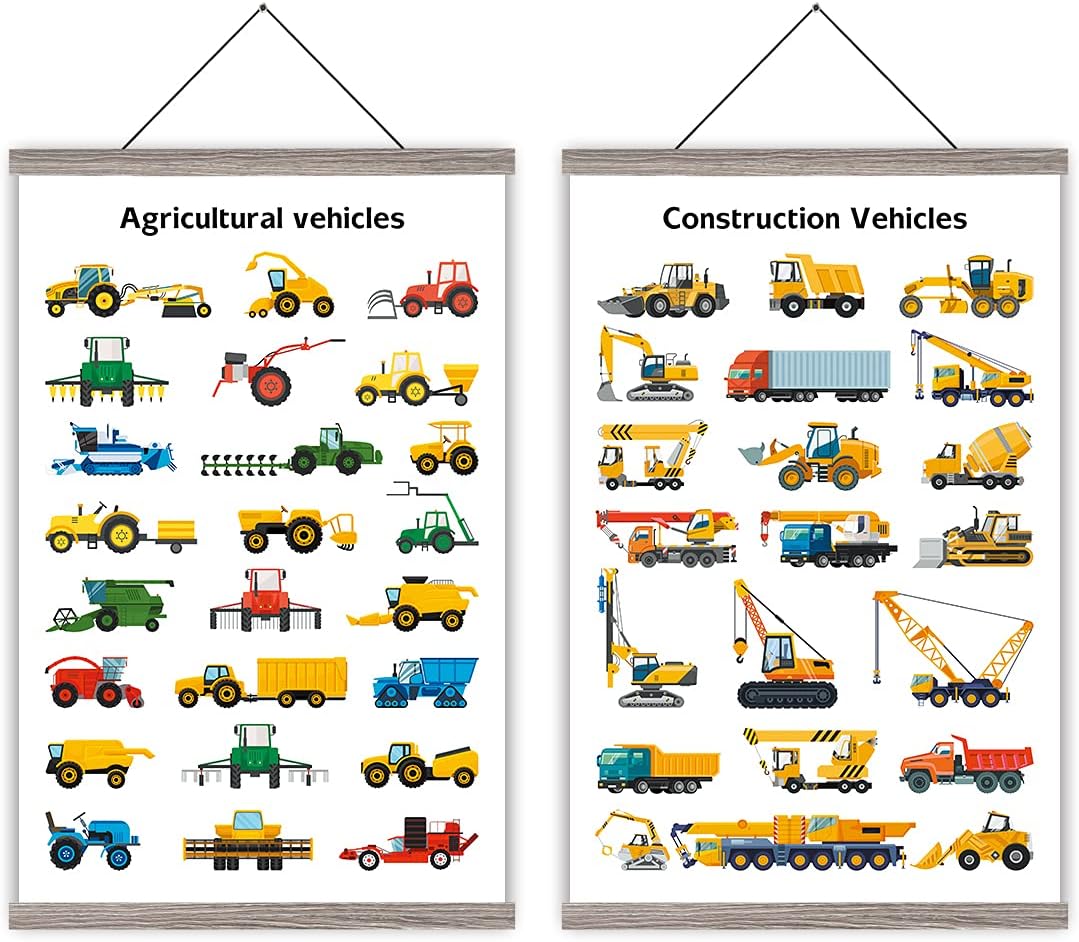 Construction Vehicles Theme Art Print,Kids Room Magnetic Natural Wood Hanger Frame Poster,Canvas Painting Typology Truck Excavator 28X45cm Wall Hanging For Kids Room Decor (Retro Grey Color Frame)