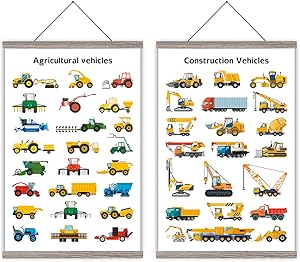Construction Vehicles Theme Art Print,Kids Room Magnetic Natural Wood Hanger Frame Poster,Canvas Painting Typology Truck Excavator 28X45cm Wall Hanging For Kids Room Decor (Retro Grey Color Frame)