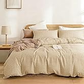 ETDIFFE Tan Grid Duvet Cover Set Queen Size, 3 Piece Farmhouse Buffalo Check Gingham Geometric Pattern Printed Microfiber Comforter Cover Set, Taupe Soft and Lightweight Plaid Bedding Quilt Cover