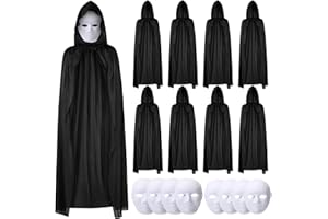 Velmitten 16 Pcs Halloween Black Cloak Masks Sets, 8 Adult Black Cloaks with Hood and 8 Full Face Masks Invisible Cape Robe for Adult Halloween Costume Cosplay Carnivals Party