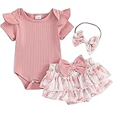 Adobabirl Baby Girl Summer Clothes Short Sleeve Ribbed Romper Ruffle Layered Bloomers Shorts Headband Boutique Clothing