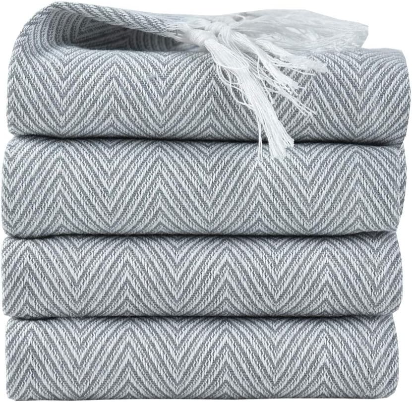 RAYKER Classic Kitchen Towels,100% Cotton Tea Towels, Best Dish Cloths, Vintage Tassels Design,4 Pack In 40x60cm (Grey)
