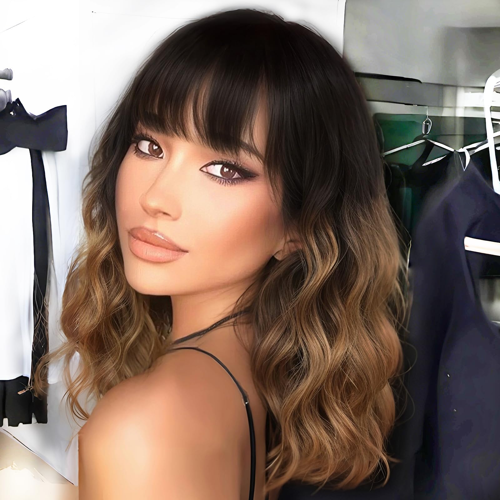 Photo 1 of AISI HAIR Ombre Brown Short Wavy Bob Wigs with Bangs for Women Ombre Brown Wavy Wig Natural Looking Resistant Fiber Synthetic Hair for Daily