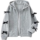 BEAUDRM Girl's Bowknot Zip Up Jacket Y2k Cute Long Sleeve Hooded Sweatshirt Hoodie