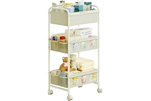 CIDAZIYA 3-Tier Baby Diaper Caddy Cart Organizer,Mobile Nursery Storage Cart with Wheels，With 2 Dividers & 14 Mesh Pockets Durable Metal Utility Cart for Nursery, Bedroom, Bathroom Essentials Organization