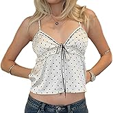 Women Y2k Polka Dot Tank Top Coquette Satin Silk Lace Trim V Neck Spaghetti Strap Camisole Going Out Top