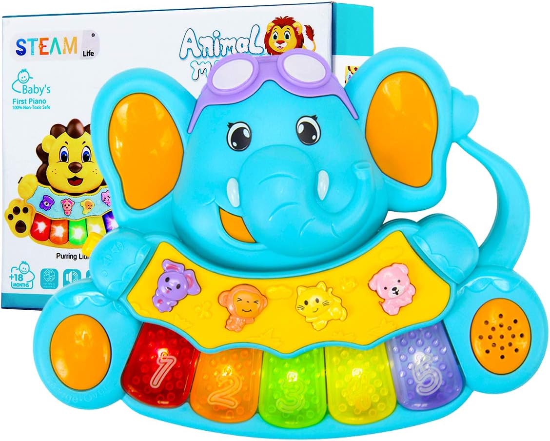 STEAM Life Educational Baby Musical Toys - Light Up Baby Toys Piano Keyboard - Toddler Piano with 5 Numbered Keys - Plays Songs and Music Memory Game Smart Baby Elephant Piano: Toys & Games