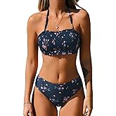 CUPSHE Bikini Set for Women Two Piece Swimsuit Bandeau Top Back Tie Mid Waisted Bottom with Removable Shoulder Straps