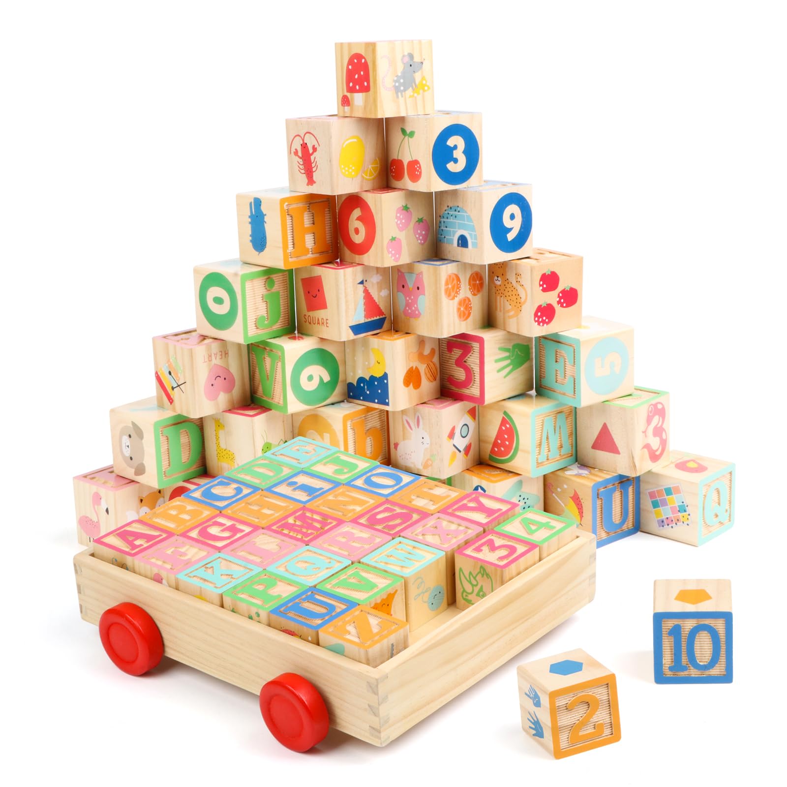 KABENFIS 2 in 1 Wooden ABC Block Cart Learning toys with 30 PCS Wooden Blocks for kids