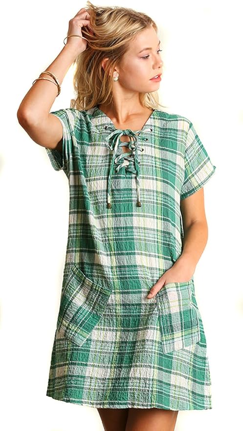 Umgee Women's Plaid Retro Vintage Short Sleeve Pockets Woven Shift Dress [Green] [S] at Amazon 