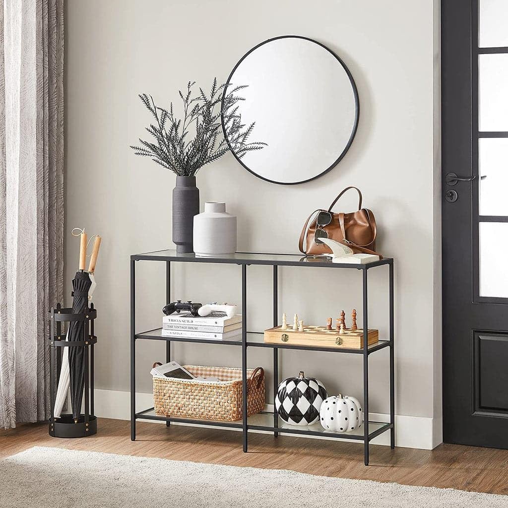 VASAGLE 39.4 Inch Console Table with 3 Shelves, Sofa Table, Entryway Table, Metal Frame, Tempered Glass Shelf, Modern Style, for Entryway Living Room Bedroom, Classic Black and Transparent ULGT027B01