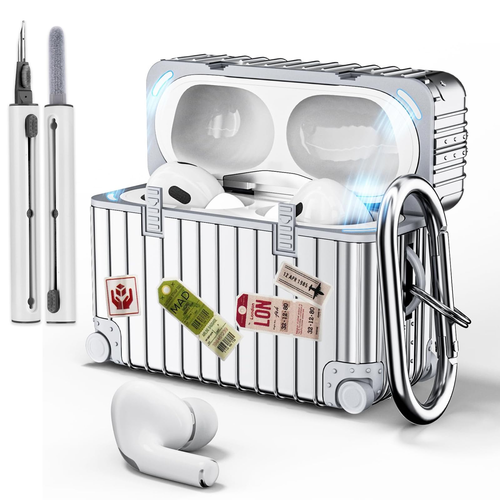 VISOOM Airpods Pro 2 Case, Cute Suitcase Design TPU Shockproof Protective Case Cover Compatible with Airpods Pro 2nd/1st Gen (2022/2019) with Keychain Cleaning Pen for Women Men, Silver