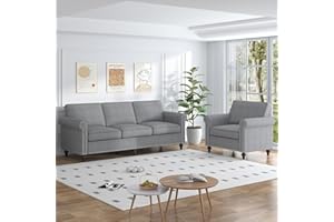 MUZZ 2PCS Sofa Set for Living Room, 4 Seat Modern Linen Sectional Couch Set with Nailhead Trim Design, Living Room Furniture Set (Sofa & Chair/Light Grey)