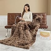Faux Fur Heated Blanket Throw for Couch - 50"X60" Bubble Faux Fur Electric Blanket Fluffy Fuzzy Soft Thick with 6 Fast Heating Levels & 4 hrs Timer Settings, Washable & ETL Certified, Tie-Dye Brown