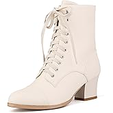 Pixoecuty Women's Victorian Ankle Boots Lace UP Boots For Women Booties Side Zipper Block Chunky Mid Heel