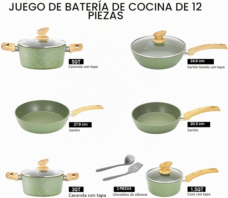 Juego de Ollas y Sartenes Inducción 12 Piezas Verde