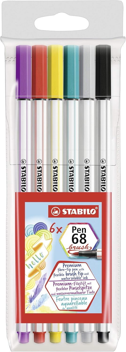 STABILO Premium Fibre-Tip Pen Pen 68 brush - Wallet of 6 - Assorted Colours, 6 count (Pack of 1)