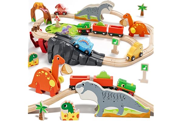 Lehoo Castle Wooden Train Set - Dinosaur Train Set for Toddlers 2-4, Wooden Train Track Railway Playset Toys for 3 4 5 6 Year