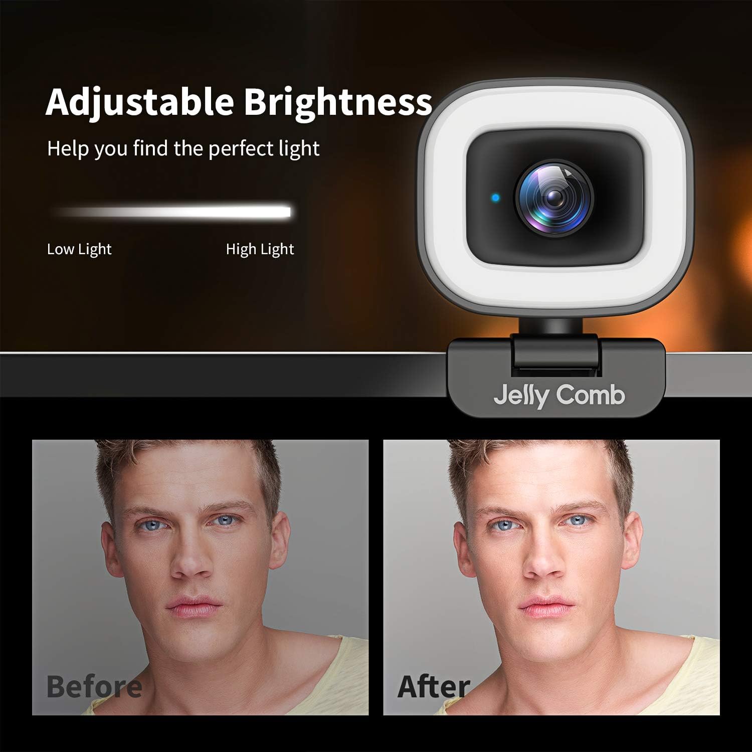 60FPS Webcam with Ring Light, Jelly Comb Auto-Focus HD 60FPS, 1080P Web Camera with Dual Microphone and Privacy Cover for YouTube, Skype, Zoom, Twitch, OBS, Xsplit and Video Calling, W15 : Electronics