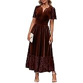 Simplee Women's Formal Velvet Maxi Dress Fall Winter V Neck Floral Short Sleeve Empire Waist Wedding Guest Dresses