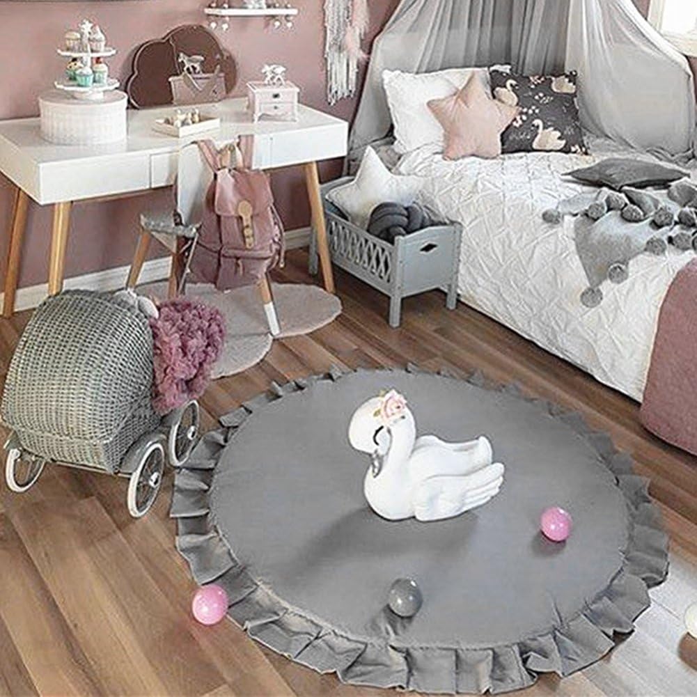 Round Baby Play Rug Mat Lace Cotton Carpet Baby Toys Nordic Decor Baby Photography Props Accessories Children Kids Room Decoration 100cm (Grey)
