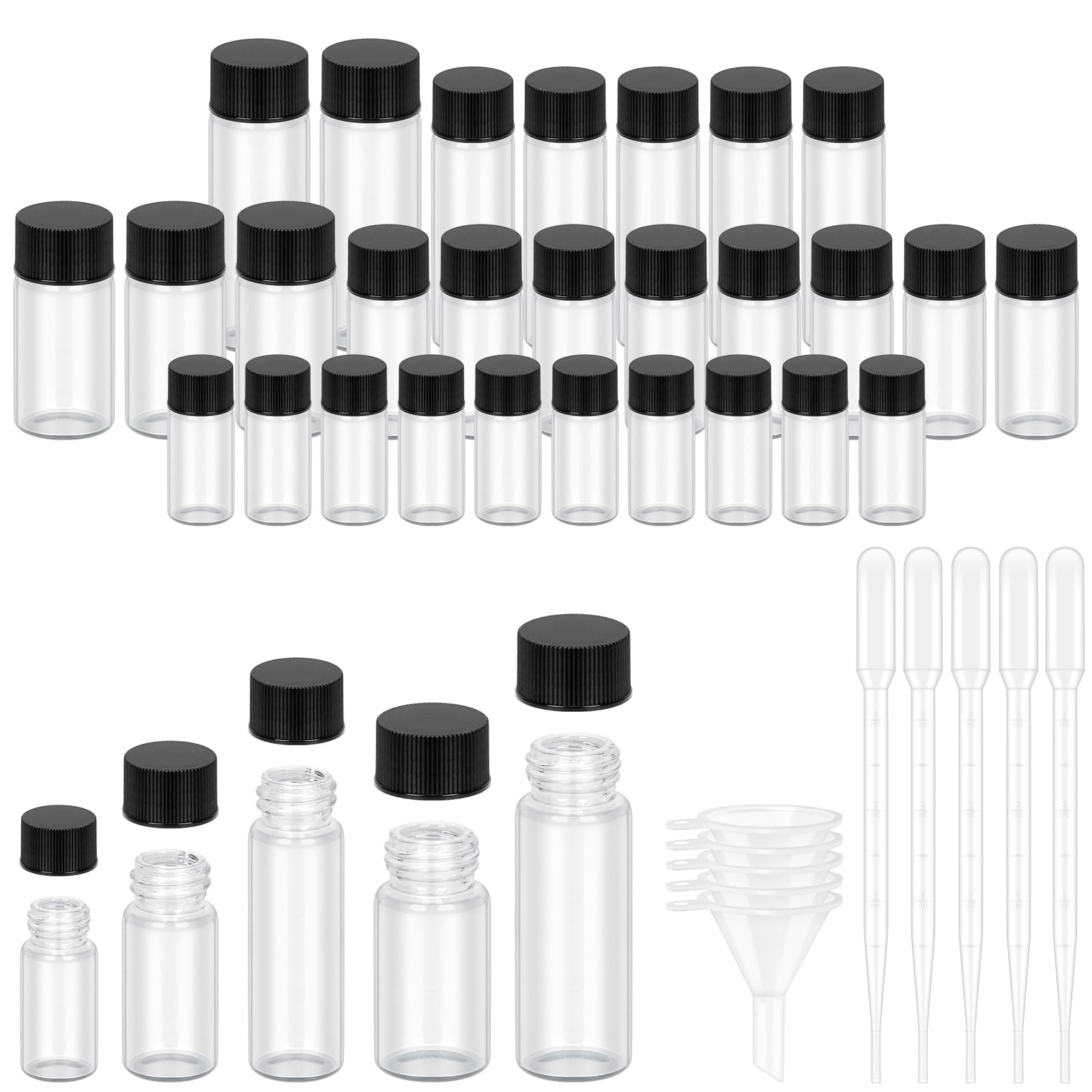 Tanstic 28Pcs Clear Glass Vials with Screw Caps Small Liquid Sample Vials Leak-Proof Vial with Dropper and Funnel for Toners Essential Oil Reagent(5ml 10ml 15ml 20ml 30ml)