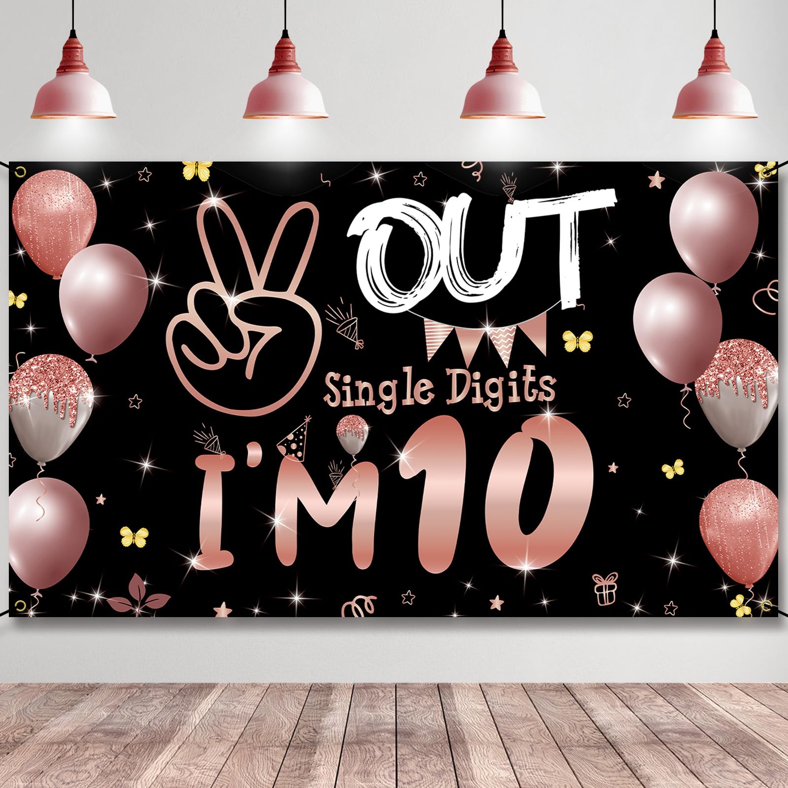 Photo 1 of PHXEY Fabric 10th Birthday Backdrop Banner Rose Gold, Happy 10th Birthday Decorations for Girls, Double Digits 10-Year Old Birthday Party Photo Props Background Yard Sign Decor Supplies