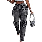 Women's Novelty Fashion Zip Side Slit High Waist Denim Jeans Pants with Multi Pockets