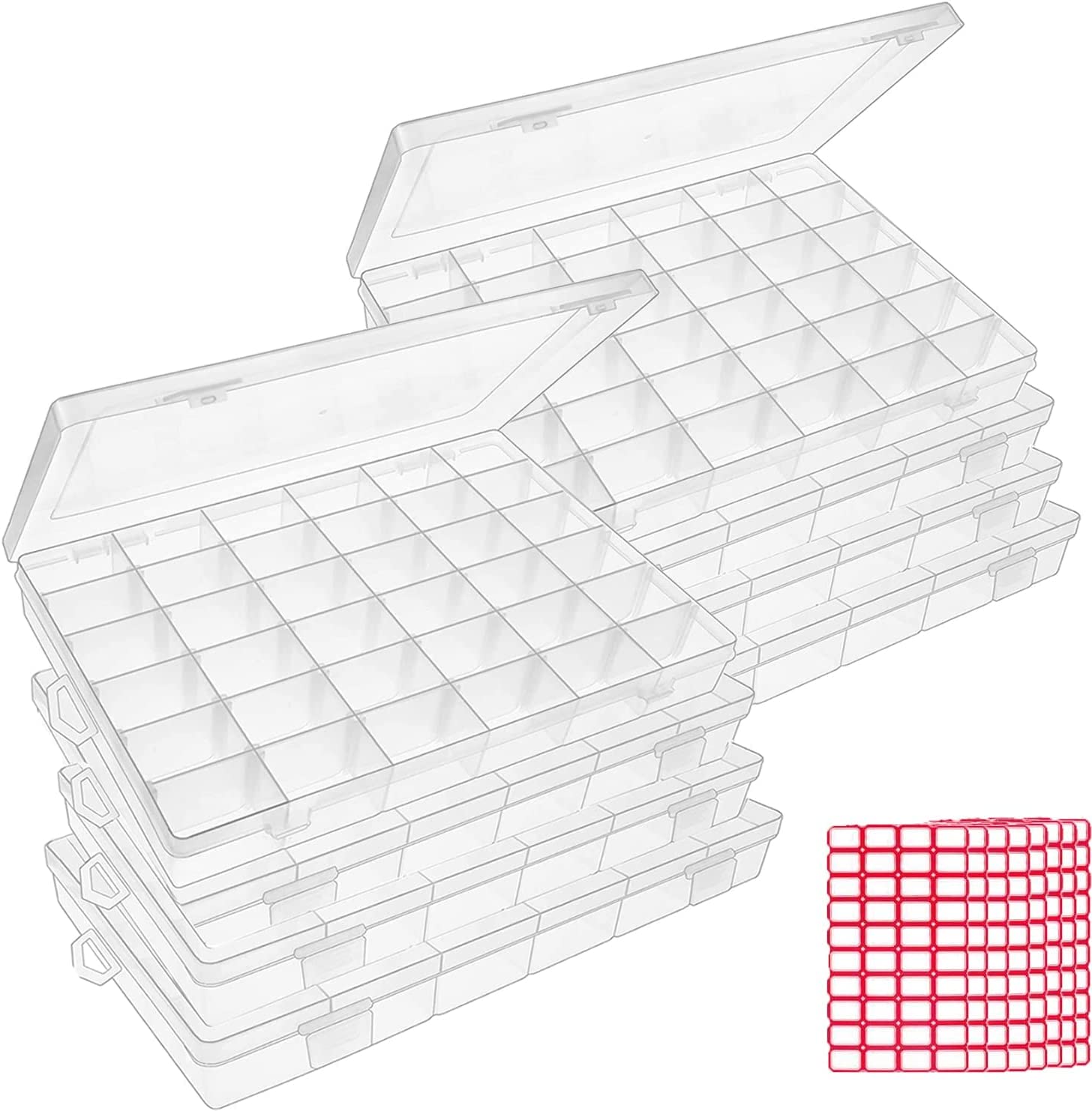 Photo 1 of 8pack 36 Grids Plastic Clear Organizer Box bead Storage Containers with Adjustable Dividers for Craft Jewelry Fishing Tackles Parts Storage with 8 Sheets Label Stickers
